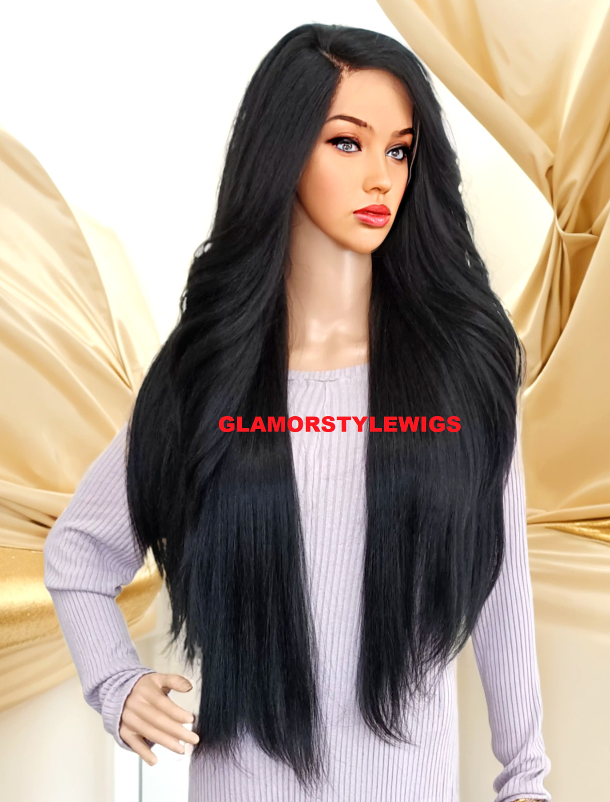 39″ LACE FRONT FULL WIG LONG STRAIGHT LAYERED SIDE PART JET BLACK #1 HEAT OK NWT