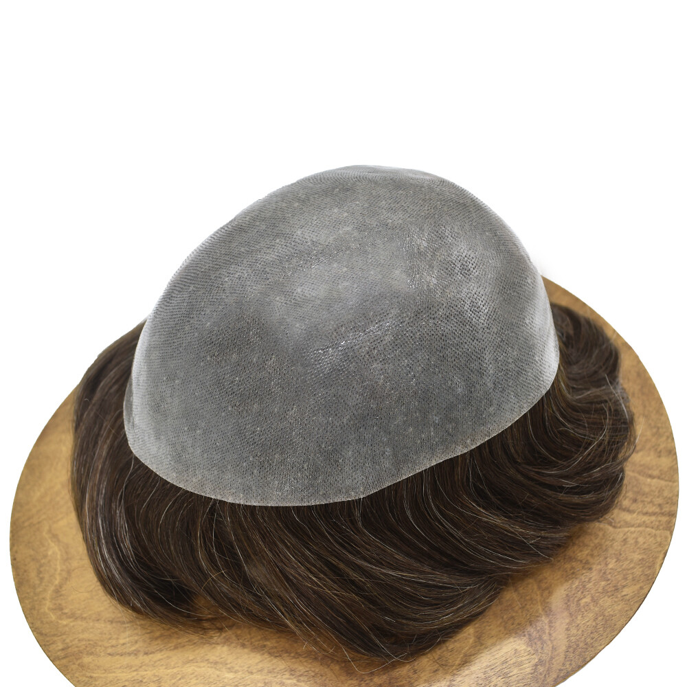 Full Poly Mens Toupee All Skin Pu Hair Replacement System for Men Hand Tied Wig