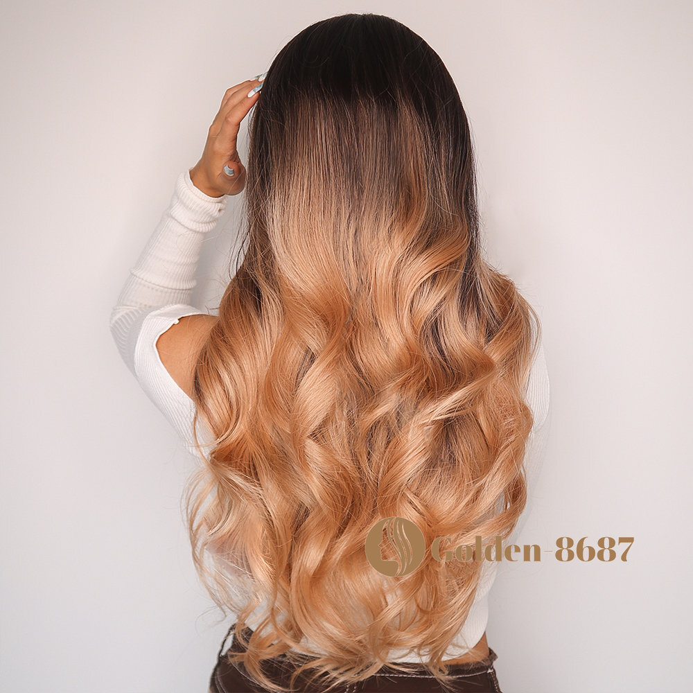 Fanshion Long Wavy Ombre Brown Light Blonde Synthetic Wigs for Women Hair Wig US