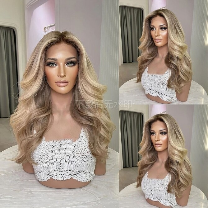 Caramel Blonde Ombre Hightlight Human Hair Wigs Balayage Wave Lace Front Wig