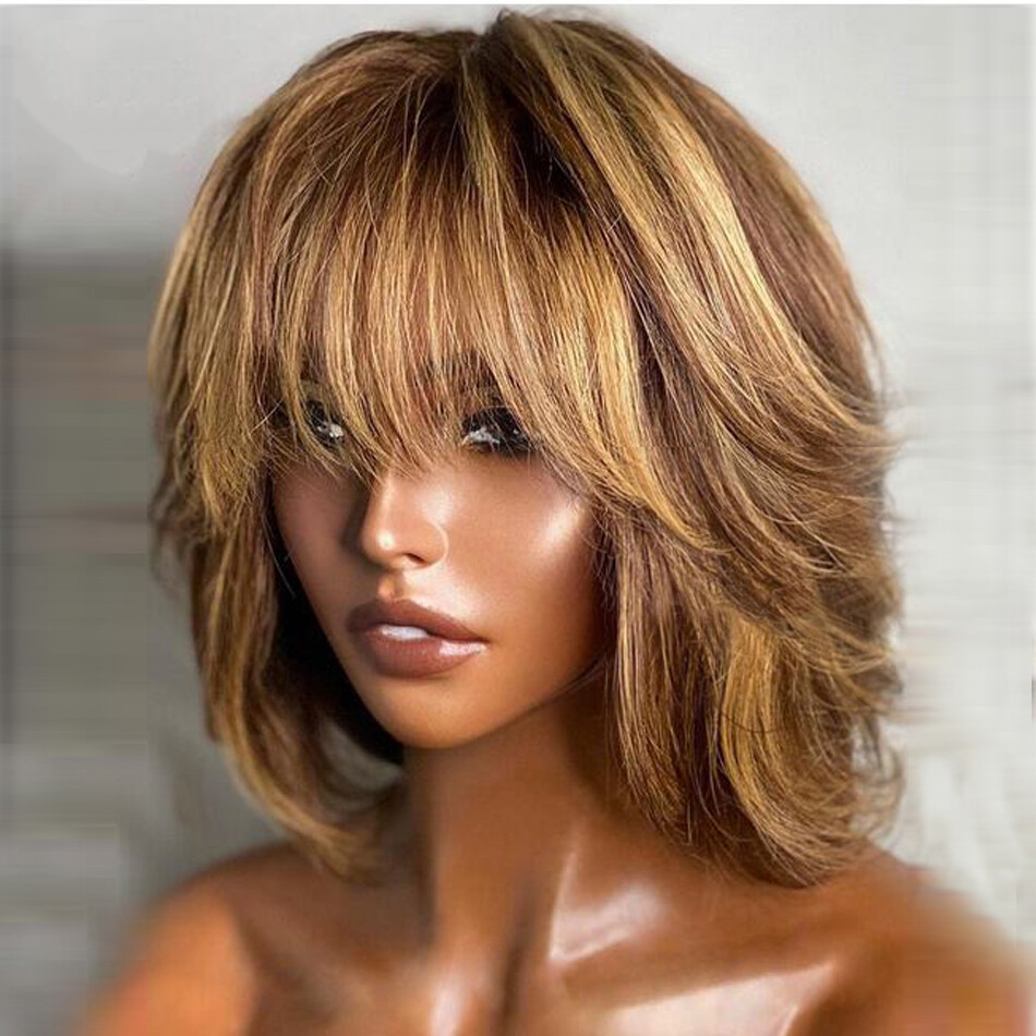 Honey Blonde Highlight Full Machine Made Scalp Top Wig Brazilian Remy Human Hair