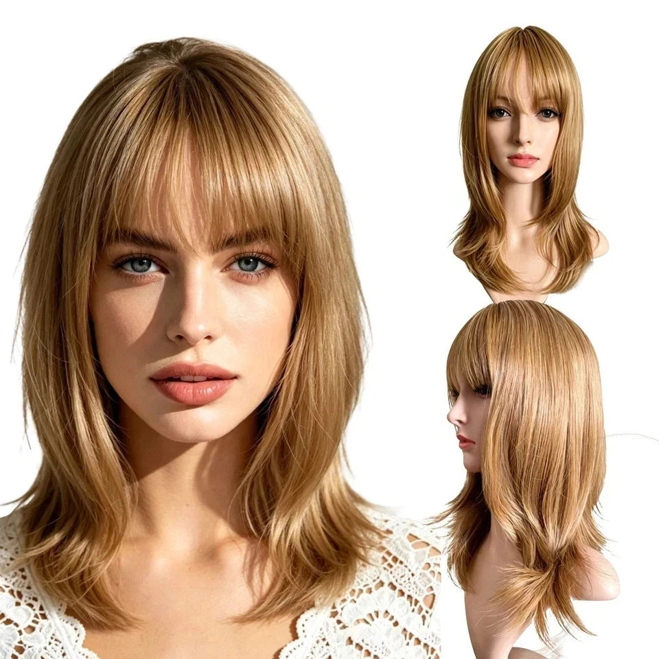 Brown Layered Long Straight Synthetic Wigs Auburn Wigs with Bangs Daily Cosplay