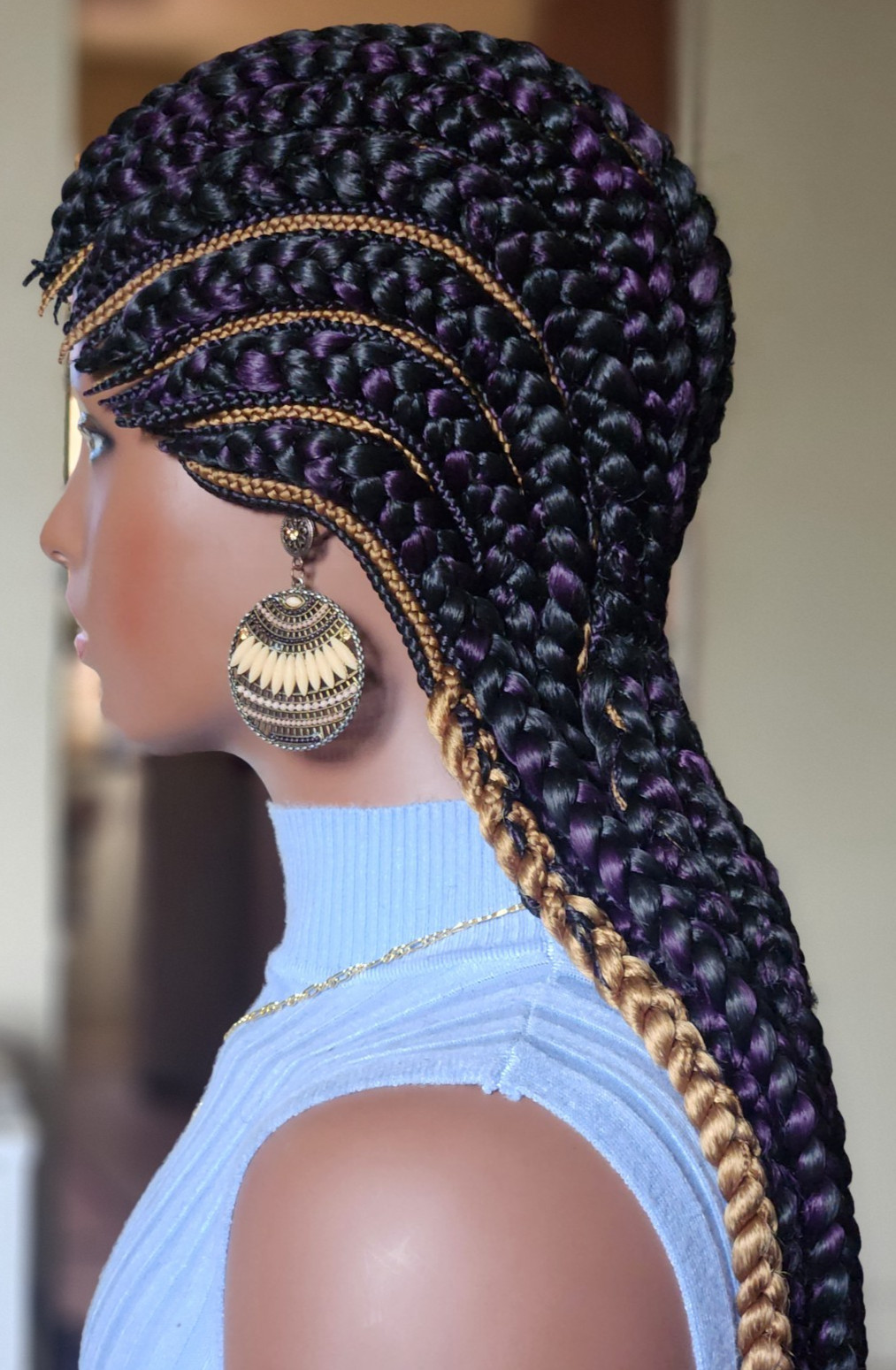 Fully hand braided Ghana banana cornrows wig All back down 1B mix dark purple/27