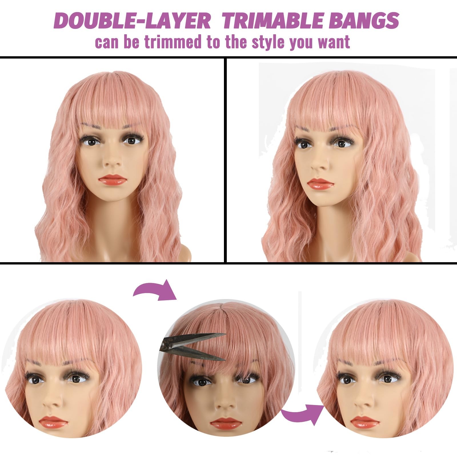 Pink Wavy Wig With Bangs, Wavy Wig for Women，Synthetic Natural Looking Heat R…