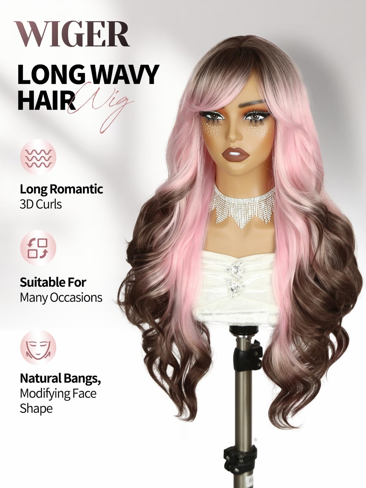 Long Wavy Wig With Bangs Pink Romantic Curly Hair With Brown Roots and Ends S…