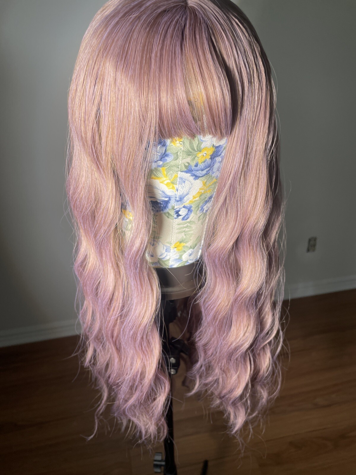 wig, Cosplay 26” Lilac Pink Rose Gold, Synthetic, Bangs, Straight Wavy