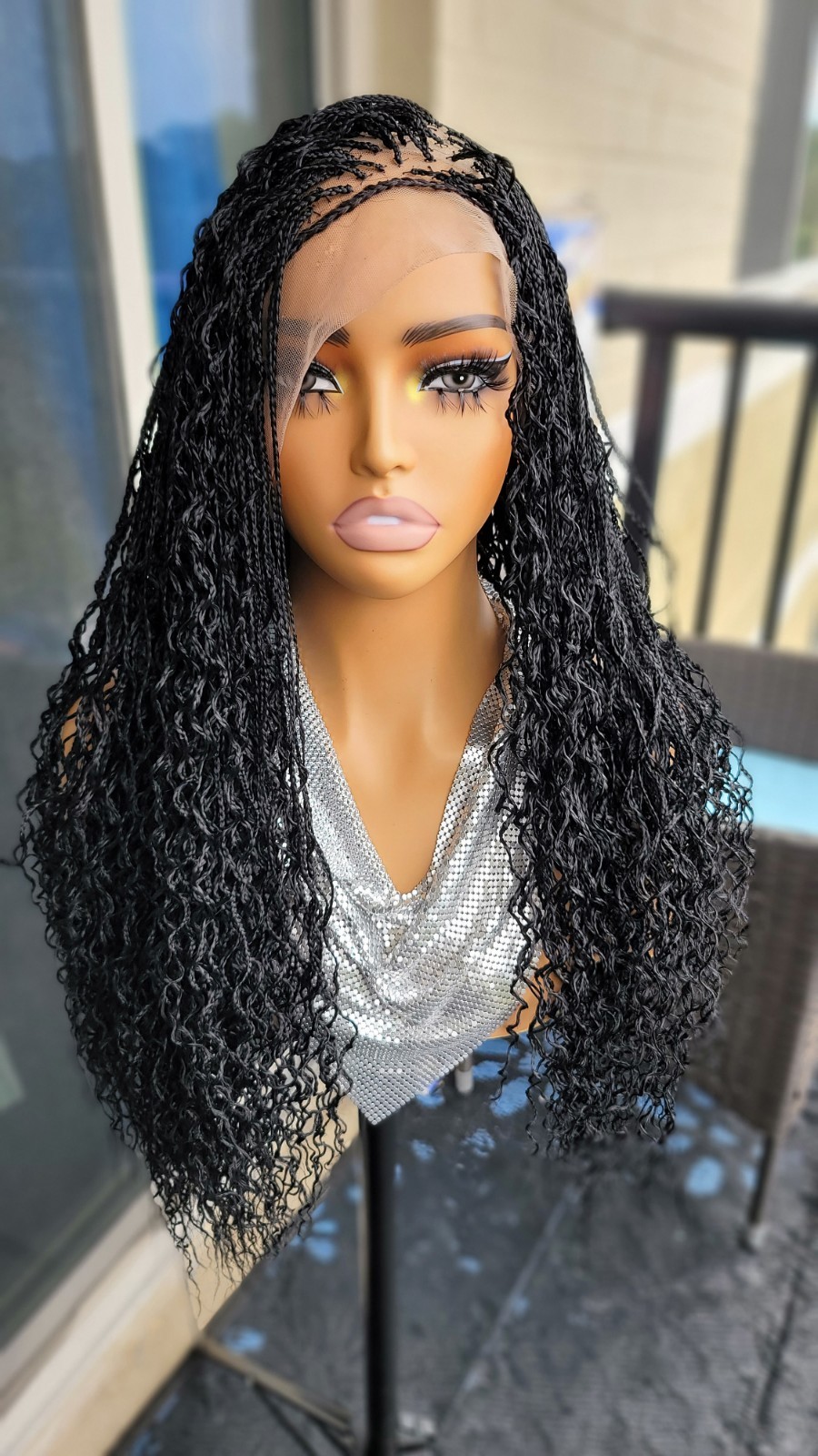 Braided Wig 22″ Micro Boho Braids Jet Black Full Lace Glueless Handmade Long NWT