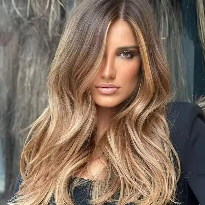 16inch Highlight Honey Brown Brunette Wavy Wigs 13×4 Lace Front 100% Human Hair