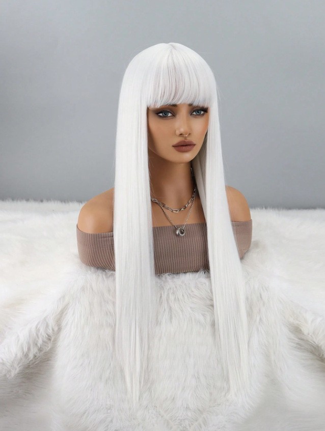 Black Straight Long Wig with Bangs Heat Resistant Synthetic Rose Net Full Wig