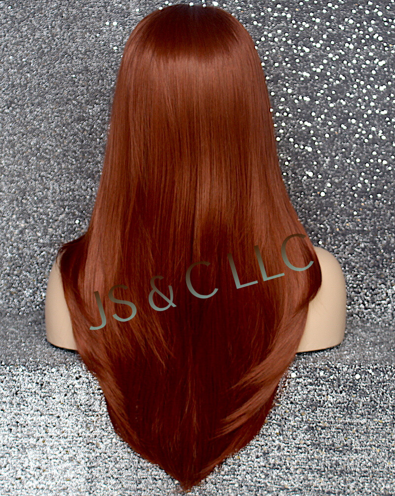 Long Straight Human Hair Blend Mono Top Lace Front Wig Brownish red 130 WBDL