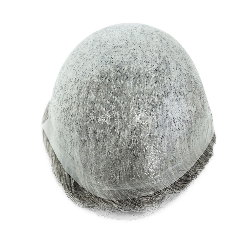 Toupee for Men Human Hair System Unit 0.05mm Thin Skin BIO Grey Hairpieces #365