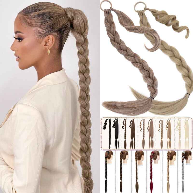 34″ Long Braided Ponytail Extension with Hair Tie Straight Wrap around Pony Tail