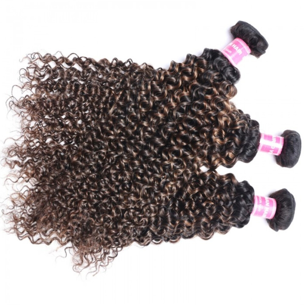 UNice Cambodian Ombre Balayage Brown Curly 3 Bundles Human Hair Extension Weaves