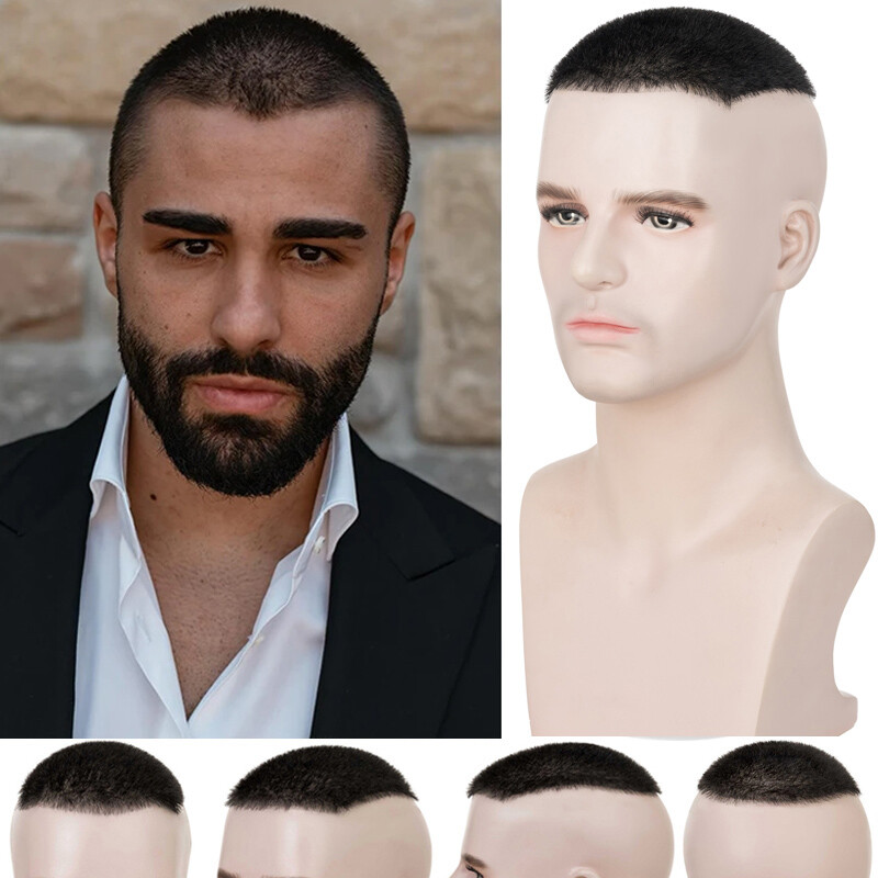 Mens Human Hair Toupee System Thin Skin PU Hairpiece Wig Short Buzz Cut Black US