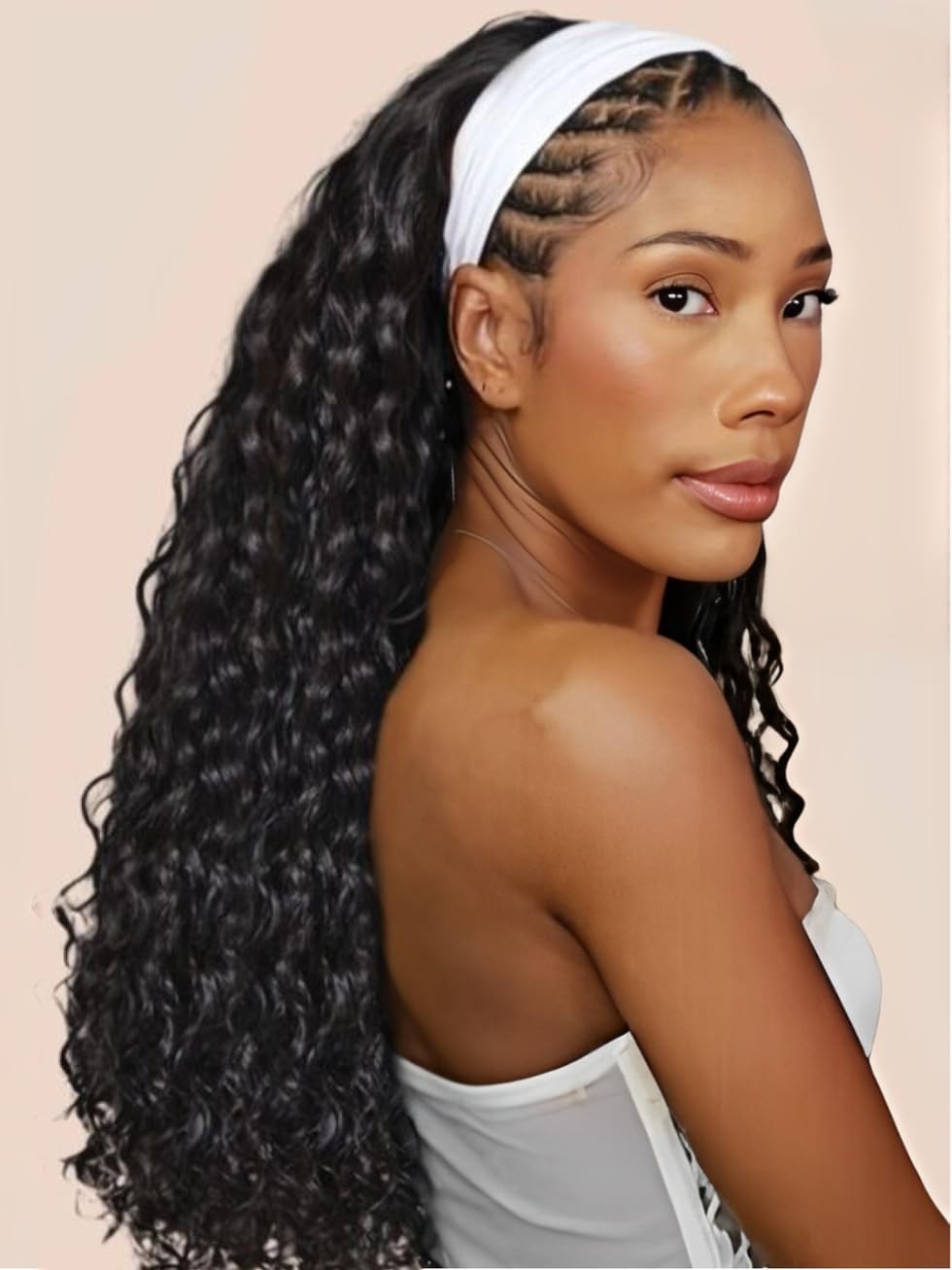 Water Wave Headband Wig – 20″ Human Hair, No-Slip, Glueless, 150% Density, Natur
