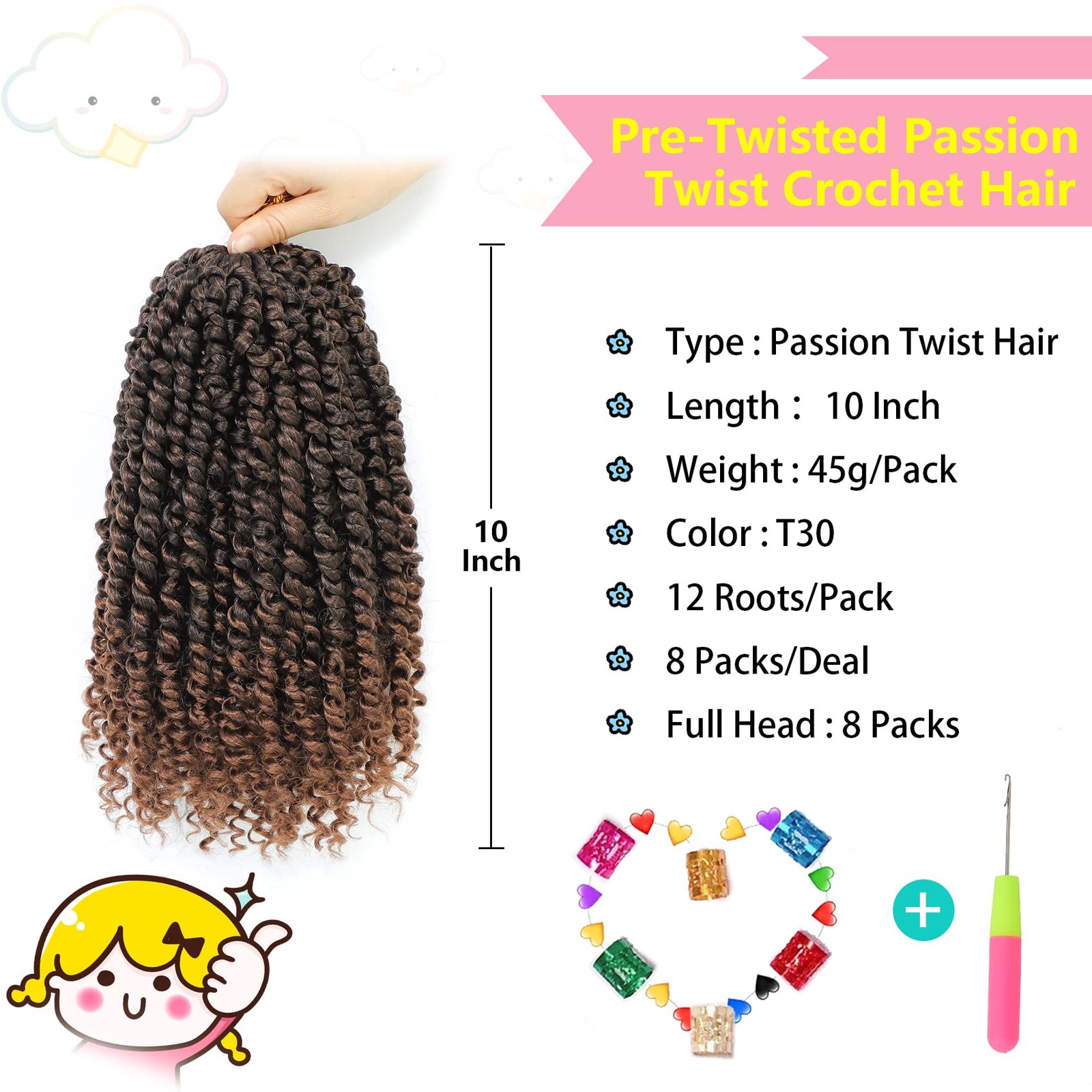 Passion Twist Hair 10 Inch, 8 Packs Passion Twist 10 Inch (Pack of 8) T30#