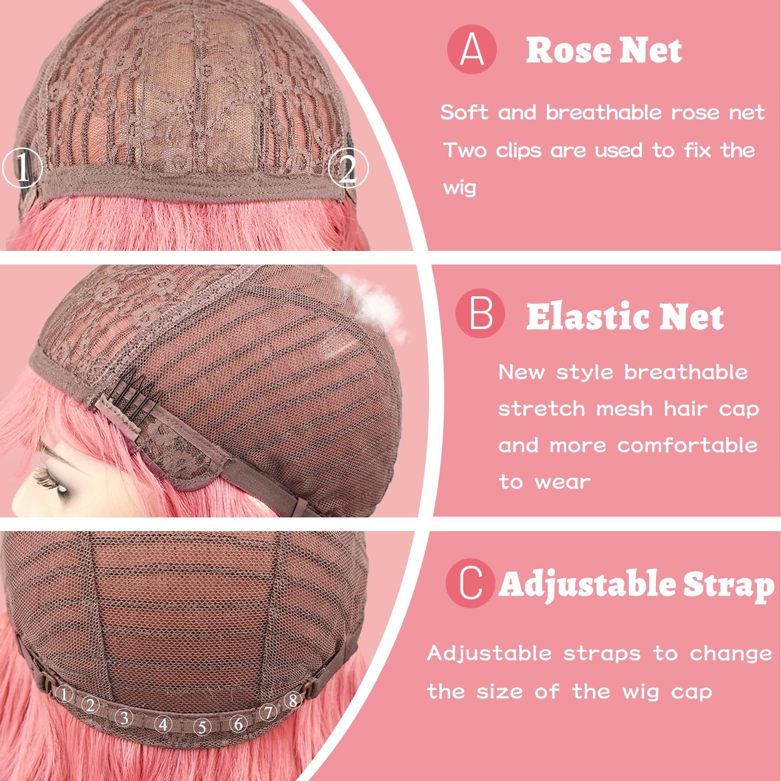 NAYOO Pink Wig with Bangs, 24″ Long Wavy Synthetic Curly Hair Replacement Women