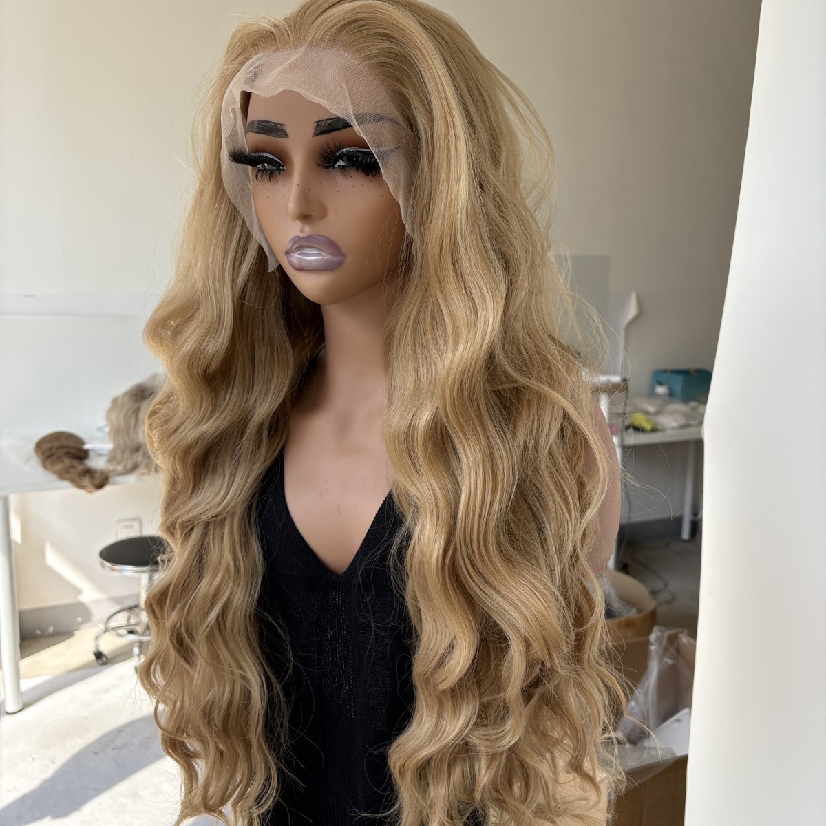Blonde Long Wavy Glue Less Lace Front Wig Heat Resistant Synthetic Hair