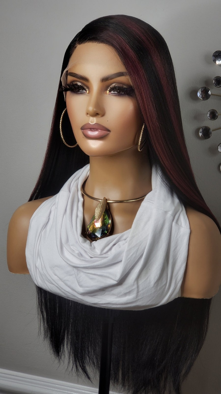 New Long Straight Style Burgundy Red Black Highlights Lace Front Wig Womens Hair
