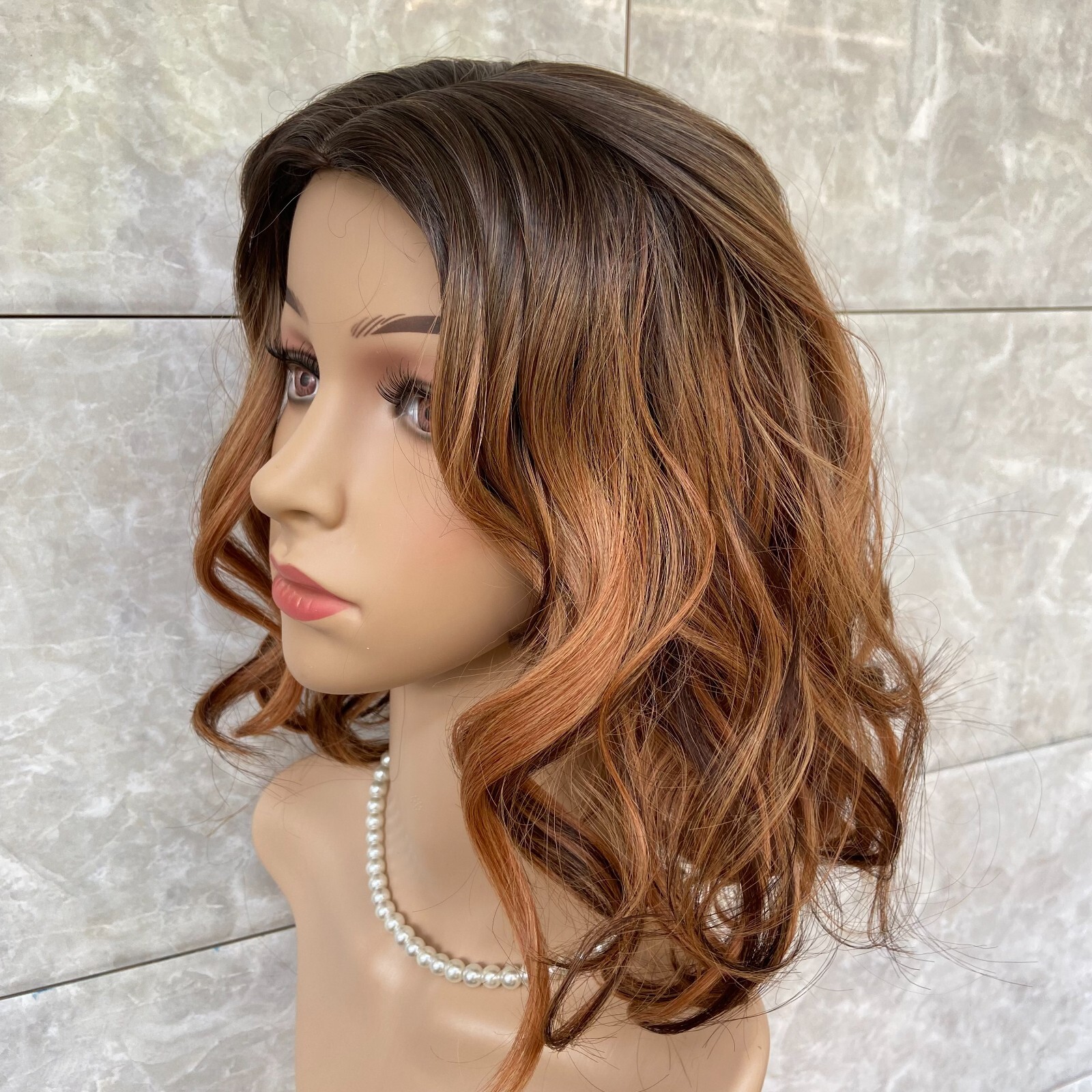 Medium Curly Wavy 100% Human Hair Blend Heat Ok Wigs Brown Mix Blonde Women Soft