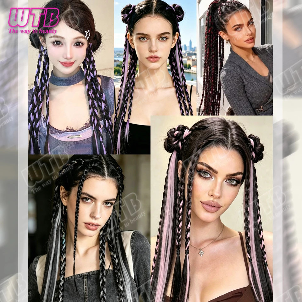2PCS Elastic Band Braided Wigs Highlighted Synthetic Hairpieces For Women Daily