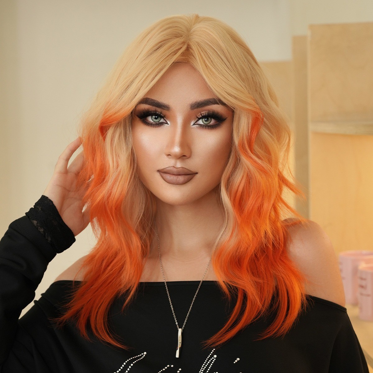 53cm 20in color medium-length wavy long hair with orange faux eight-shaped bangs