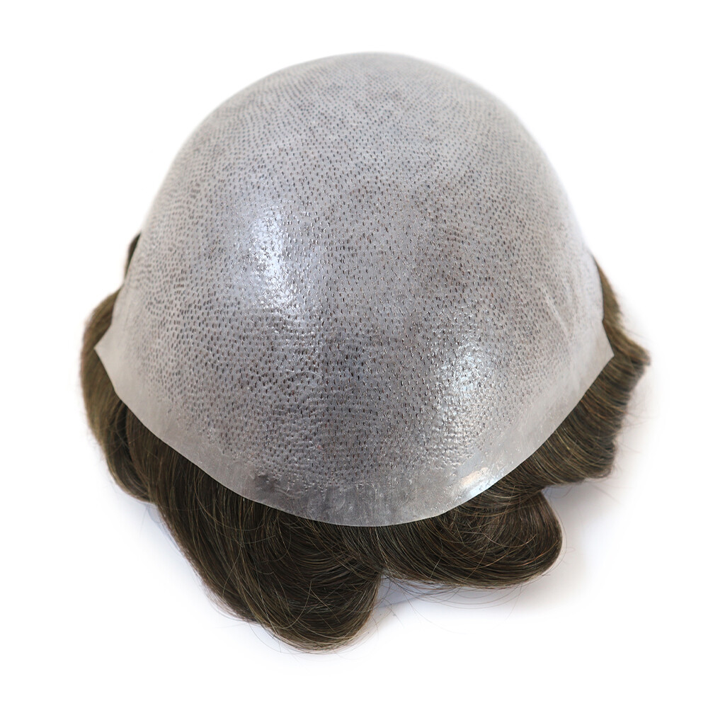 Mens Toupee Thin Skin Human Hair Replacement System 0.08mm Knotted Hair Pieces