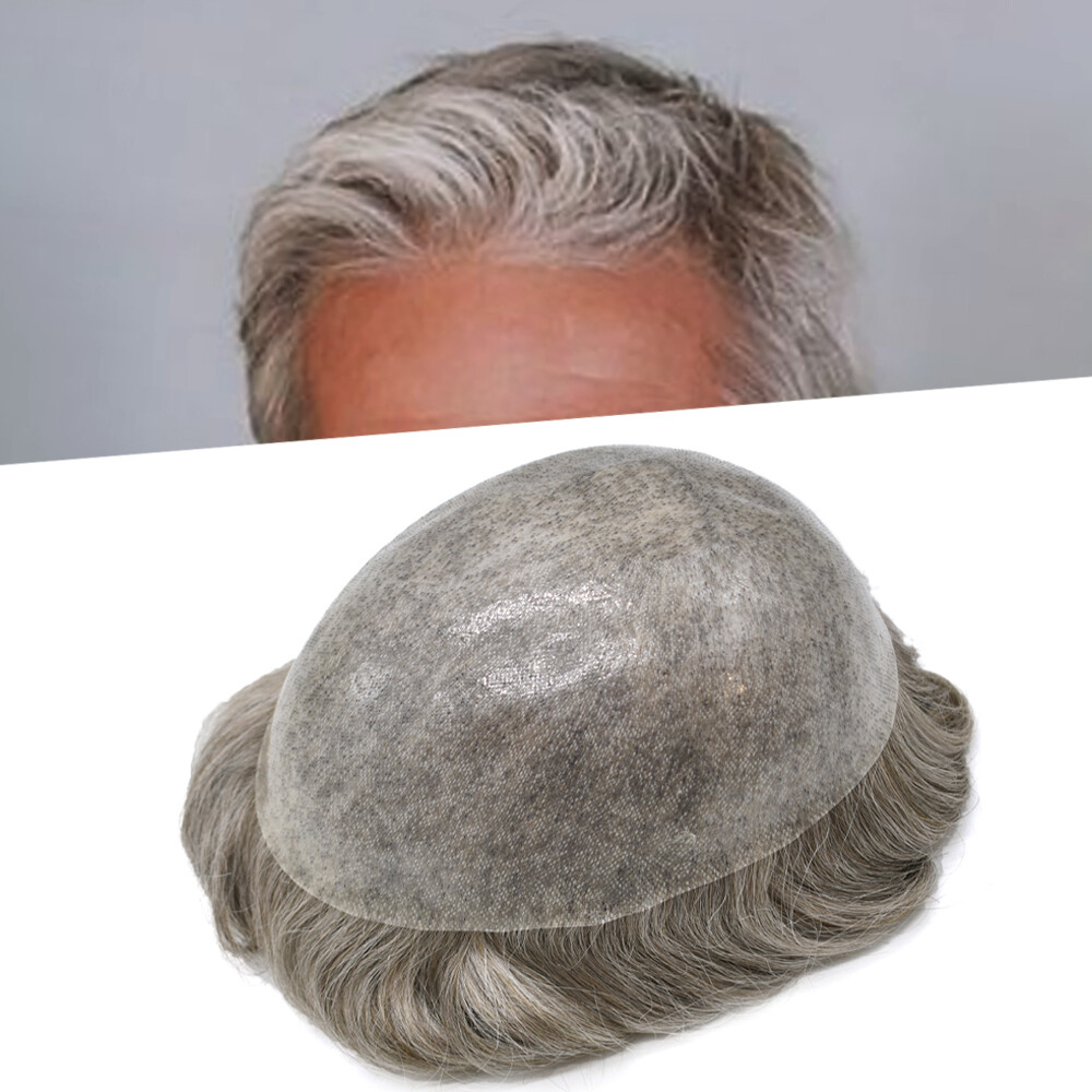 Mens Toupee Human Hair Piece Full Poly Thin Skin Men Hair Replacement SystemsUS