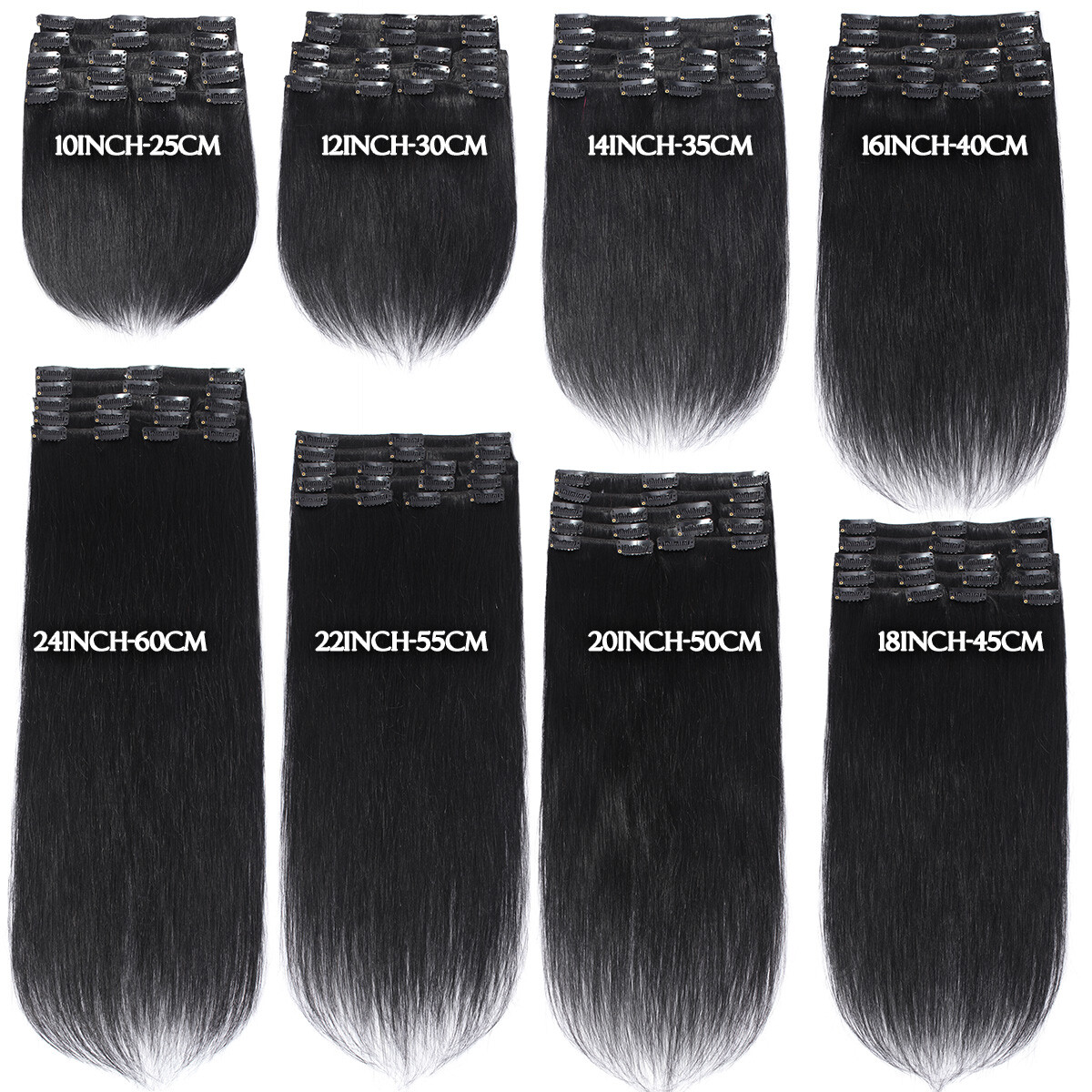 100% Human Hair Clip In Remy Hair Extensions Real Soft FULL HEAD Invisible Grey#