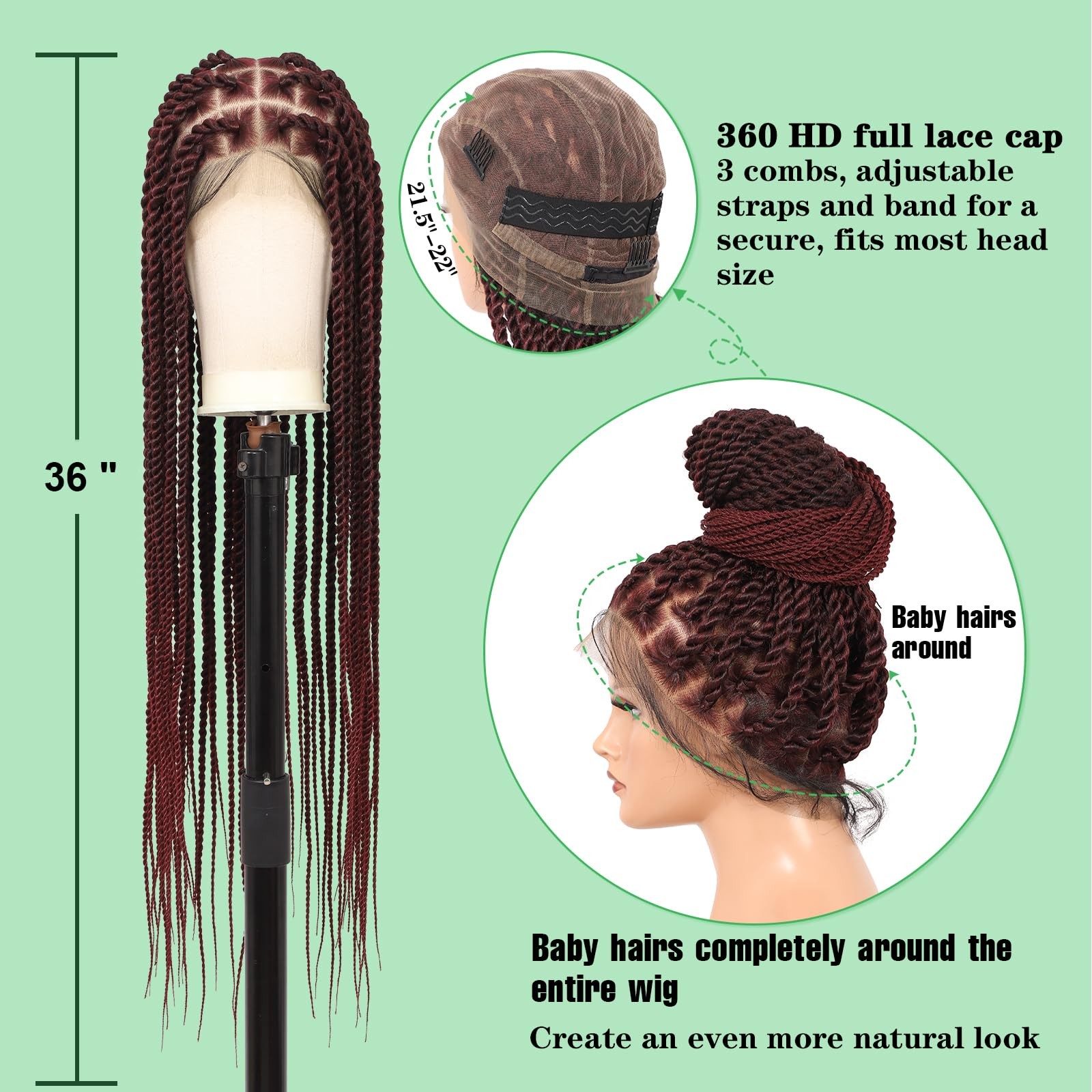Youthfee 360° HD Full Lace Braided Wigs Knotless Twist Braided Wig for Women …