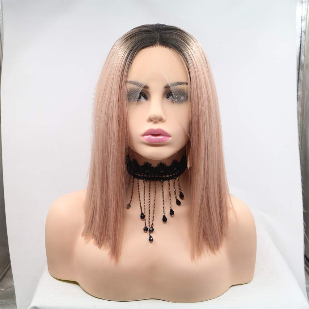 xiweiya Ombre Pink Lace Front Wig Rose Gold Wig Short Straight Peach 13×4 Lac…