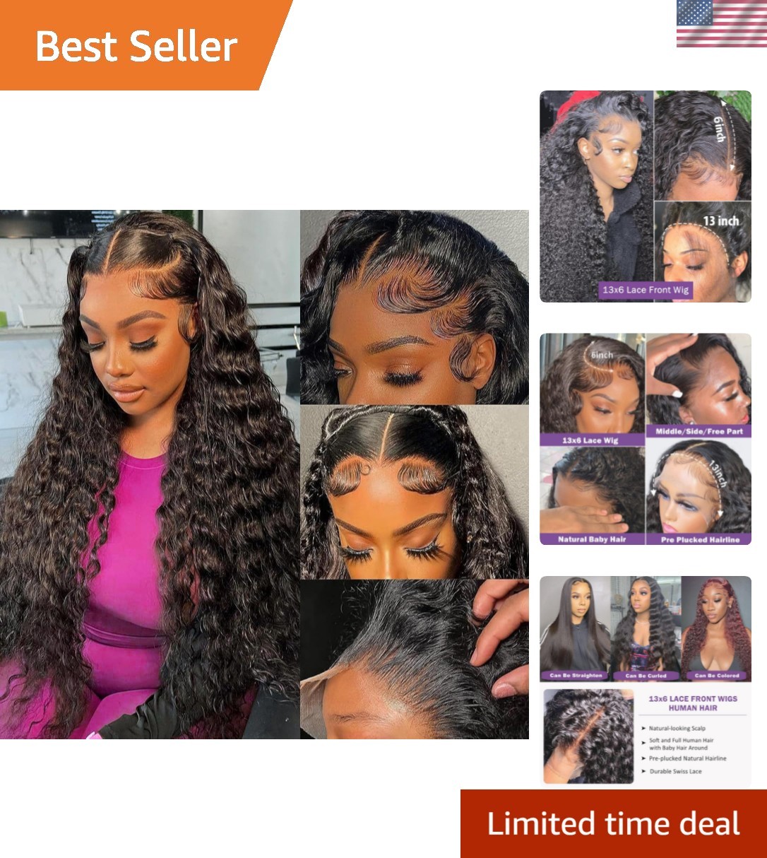 Glueless 13×6 Deep Wave Lace Front Wig – 180% Density Human Hair, 22 Inch