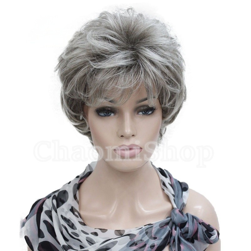 Women’s Wig Short Black Brown Grey Mix Curly Wave Ladies Daily Hair Wigs