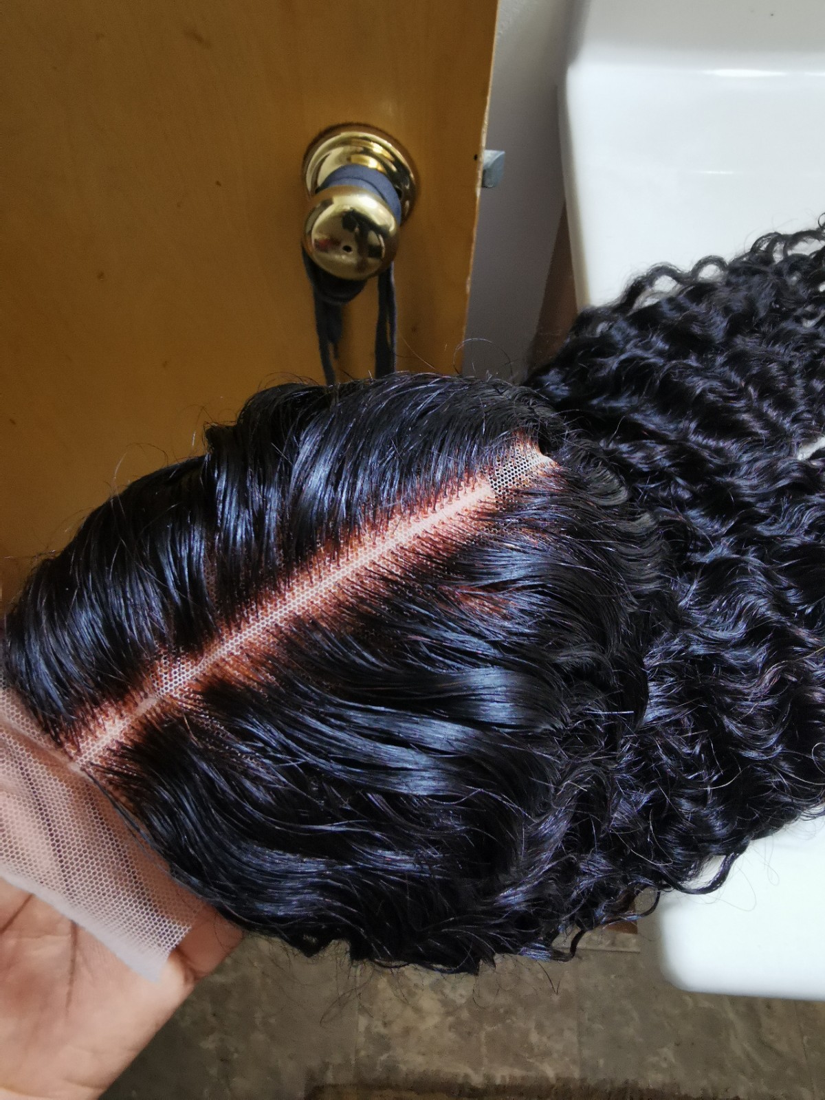 Quality Natural Black Curly Human Hair Glueless Deep Closure Wig 22″ Handmade
