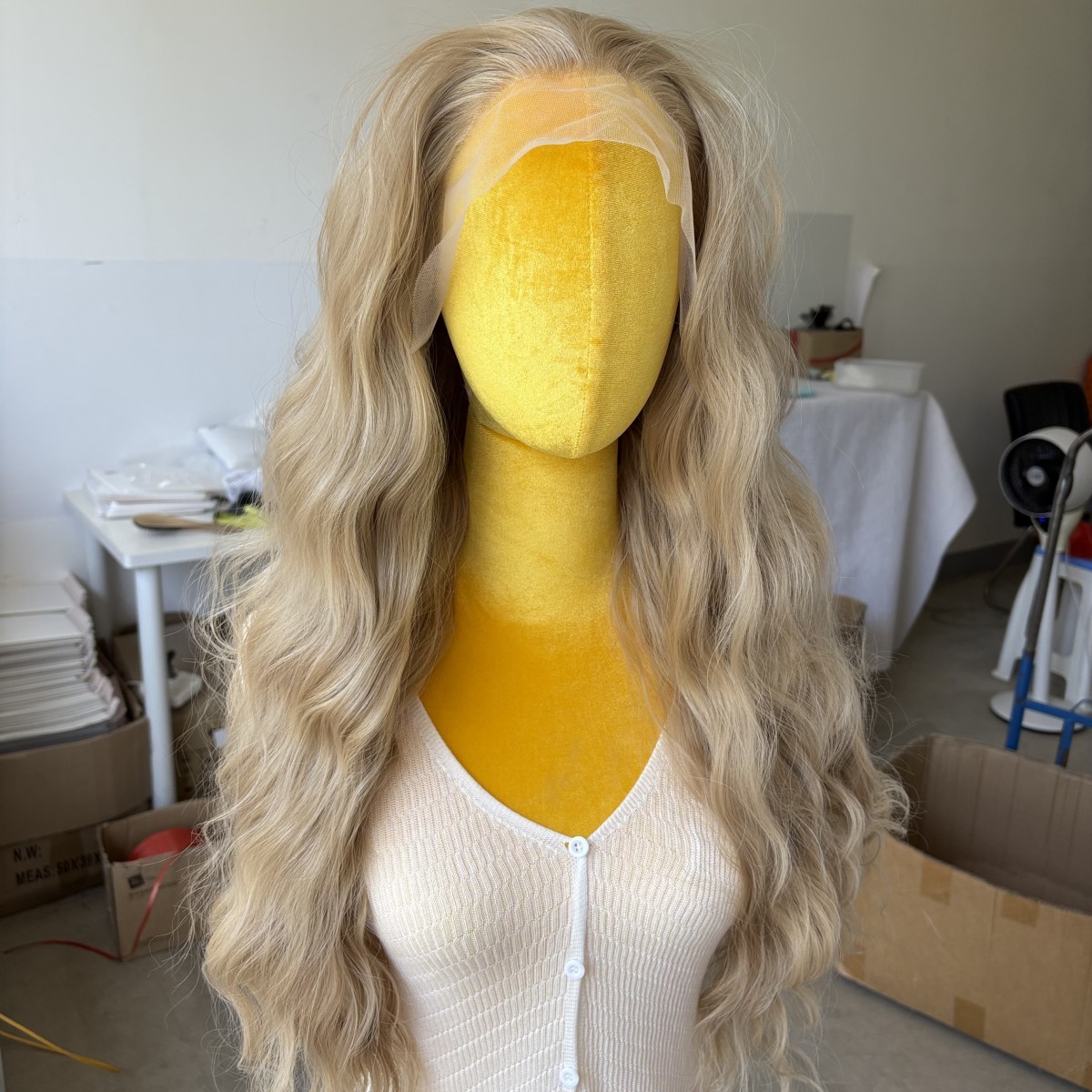 Glue Less Lace Front Wig Long Wavy Heat Resistant Synthetic Hair Ash Blonde