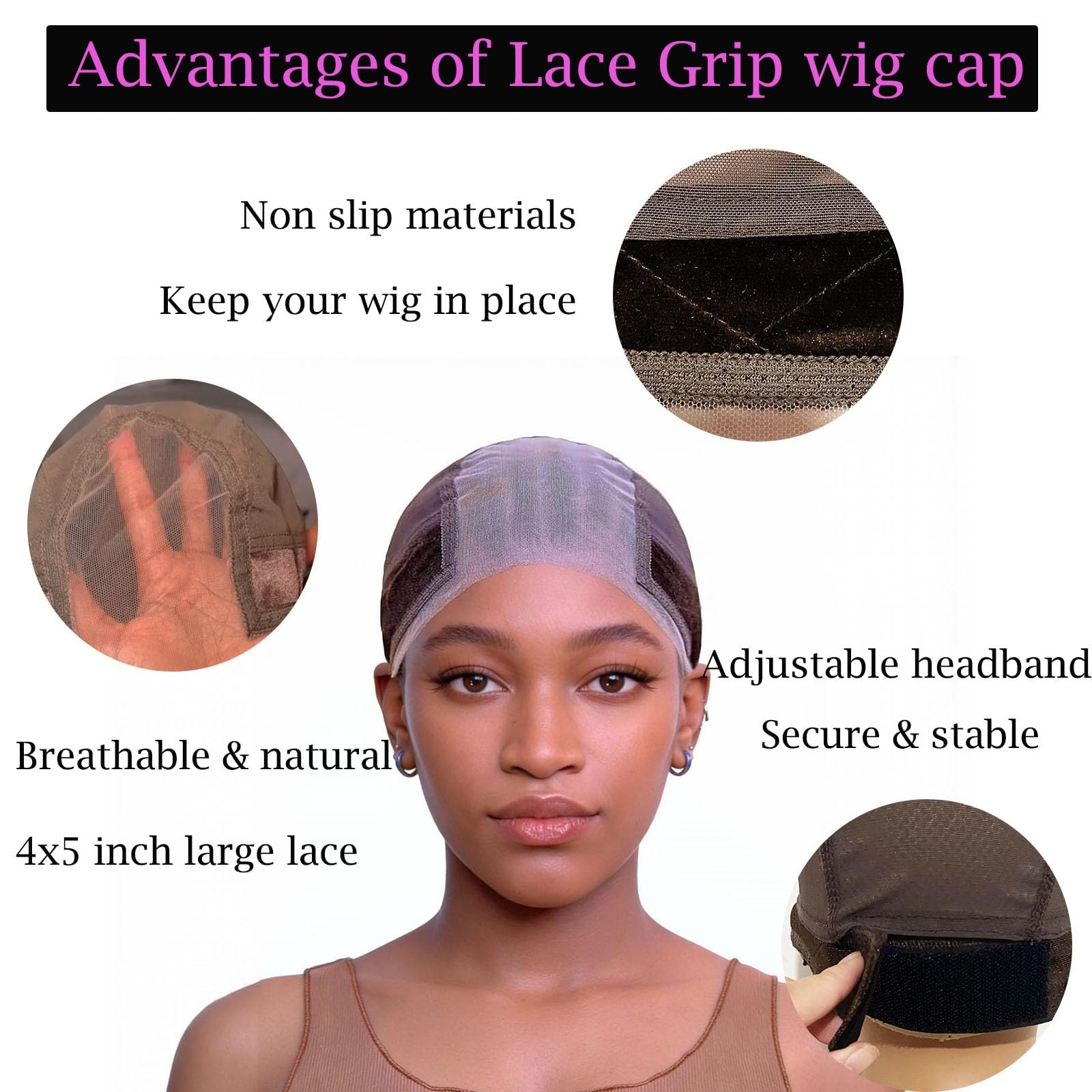 Lace Wig Grip Cap for Glueless Wig 4×5 Transparent Lace Reusable Wig Caps, Wi…