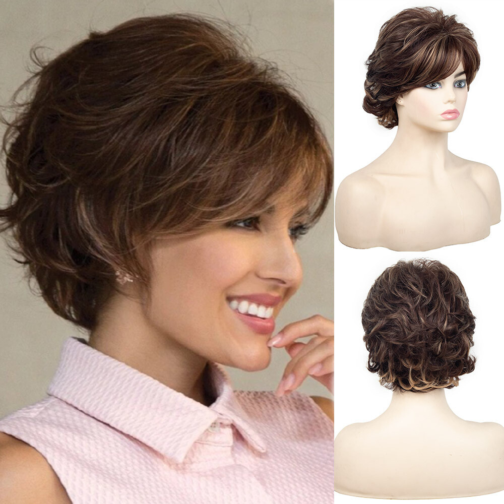 Short Hightlight Brown Wig Pixie Cut Wig for Fashion Women Party Daily Use