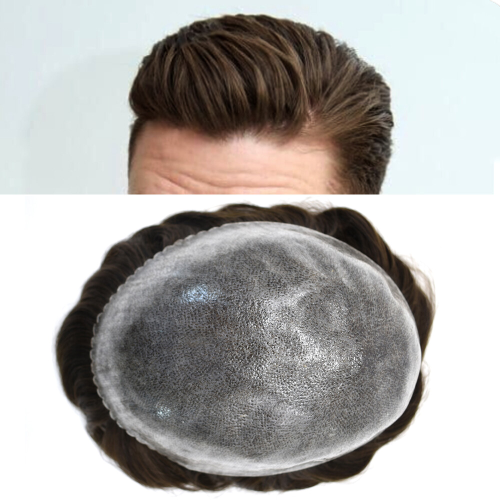 Mens Toupee Human Hair System Replacement Injected Poly Skin Pu Unit Wig for Men