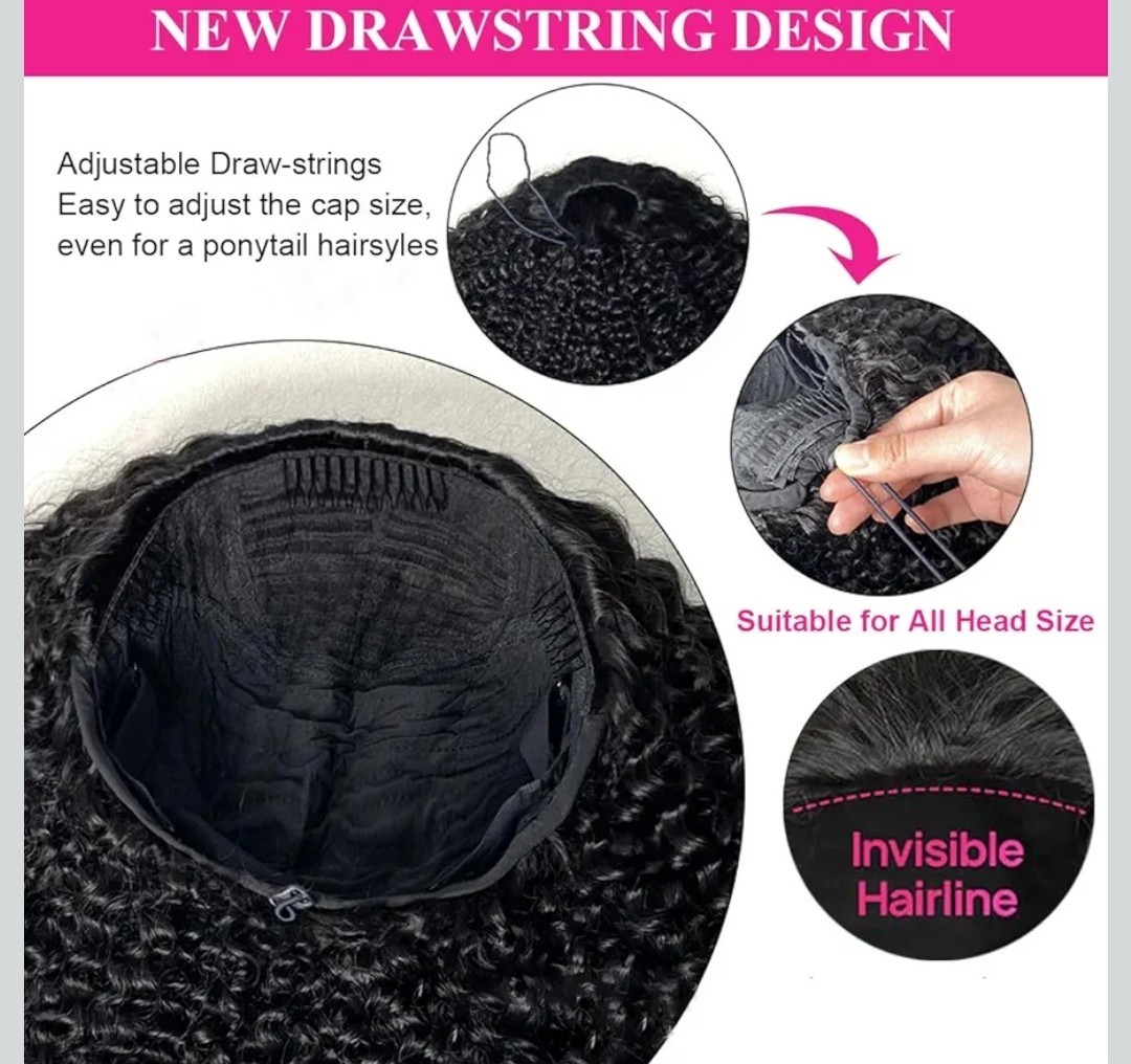 Human hair Water Wave Curly Half Wig 20in Adjustable Drawstring no glue Black