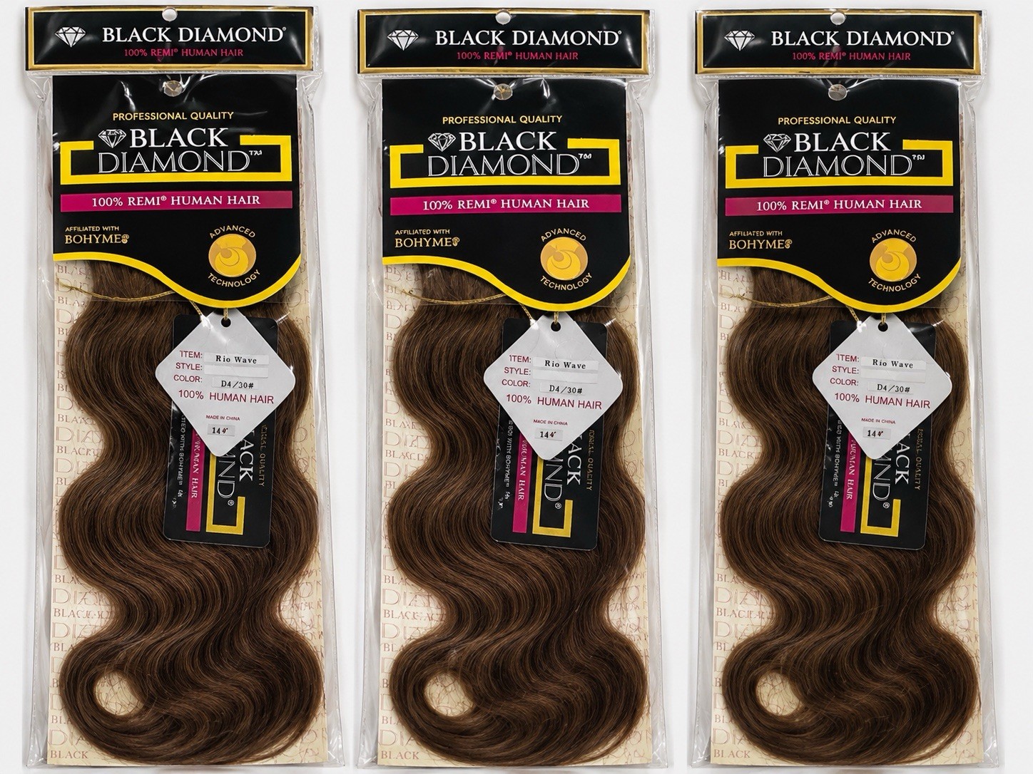 3 Packs Black Diamond 100% Remi Human Hair Rio Wave 14” Color D4/30 Brown Blend
