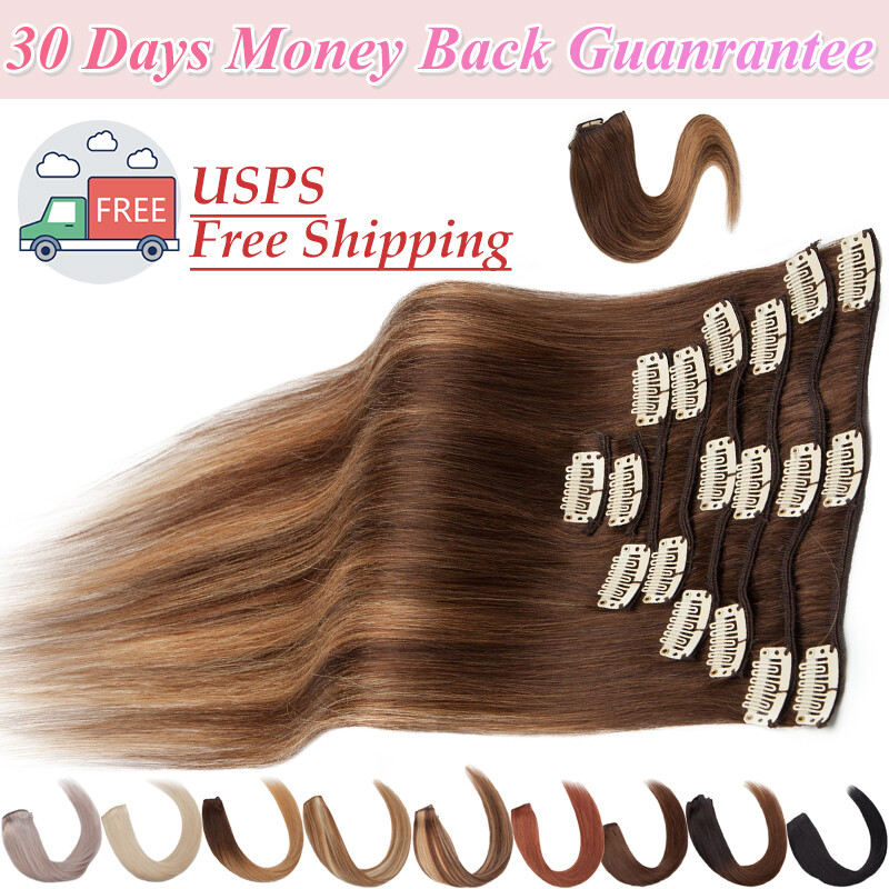 8PCS 18Clips Natural Clip In Real Remy Human Hair Extensions Mix Color Full Head