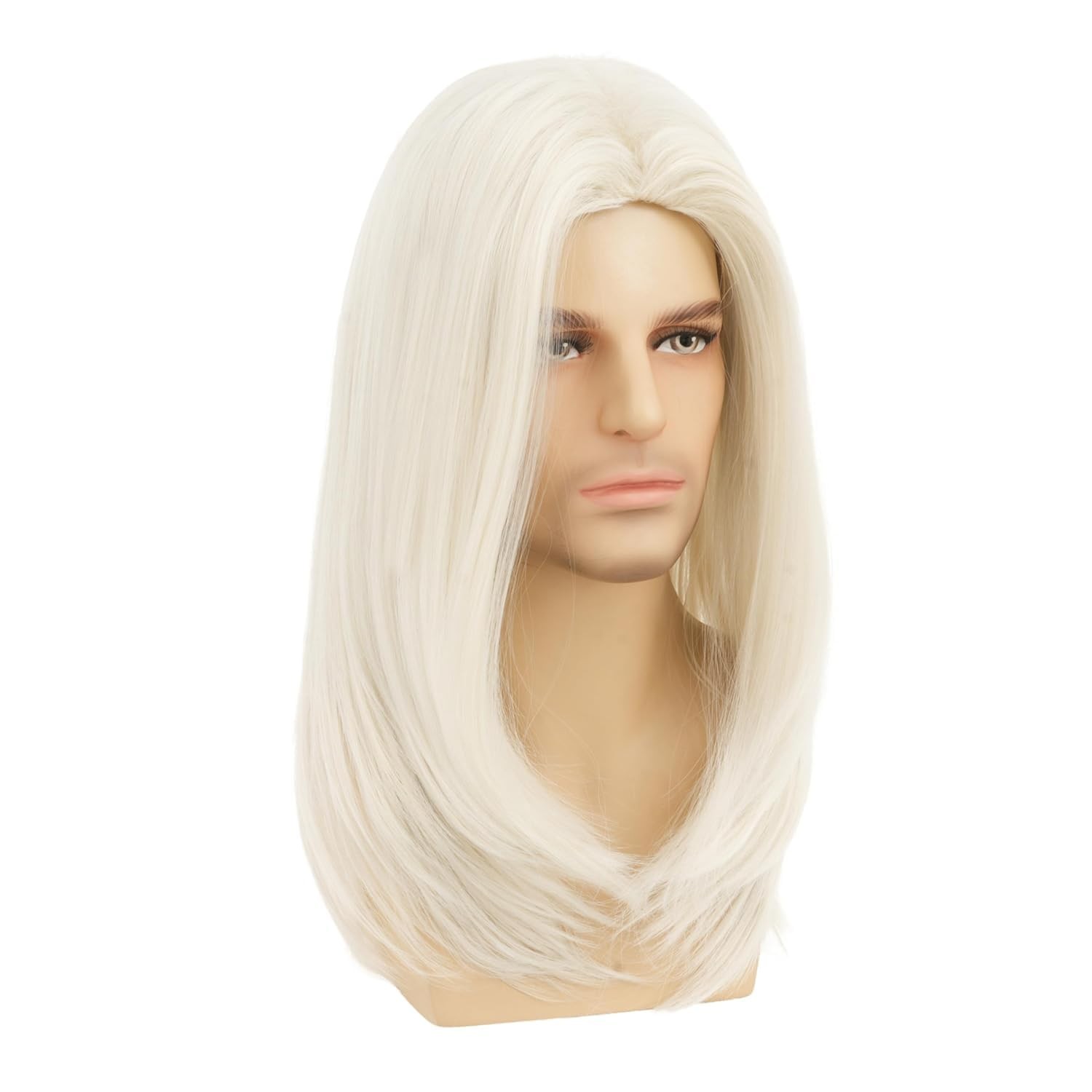 Mens Long Hair Wig Platinum Blonde Straight Middle Part Heat Resistant Men Wi…