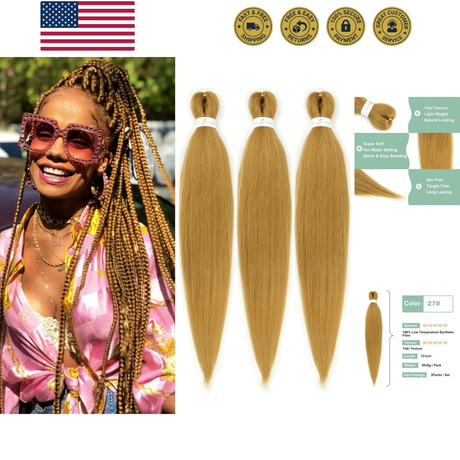 27 Honey Blonde Braiding Hair Pre stretched 12 Inch 3 Packs Pre-stretched Bra…