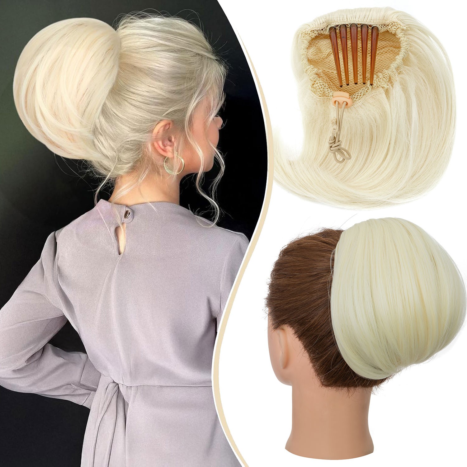 Long Comb Clip Hepburn Bun Hair Extensions Drawstring Ponytail Updo Hairpiece US
