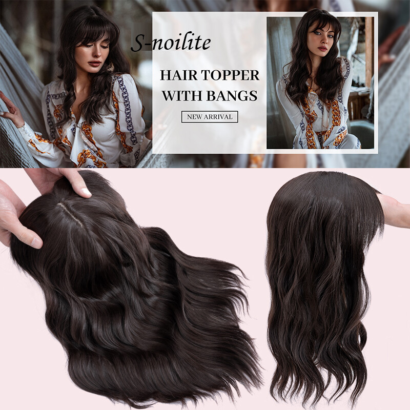 Thick Clip In Topper Hair Extensions Wavy Hairpiece With Bangs Natural as Human