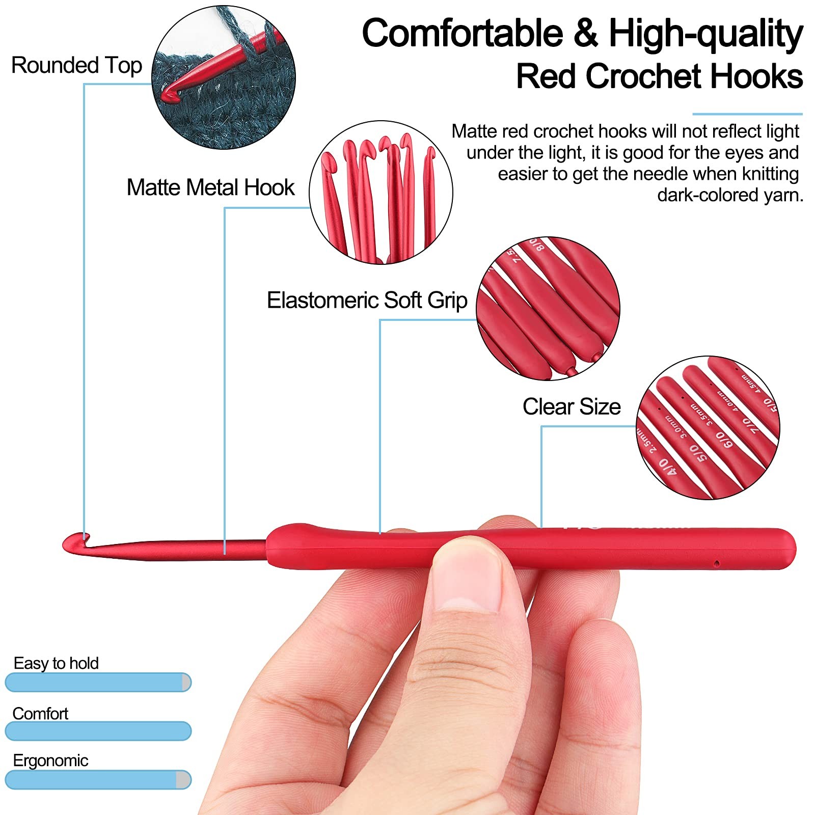Coopay Red Crochet Hooks 2.0,2.5,3.0,3.5,4.0,4.5,5.0,5.5,6.0 millimeters,