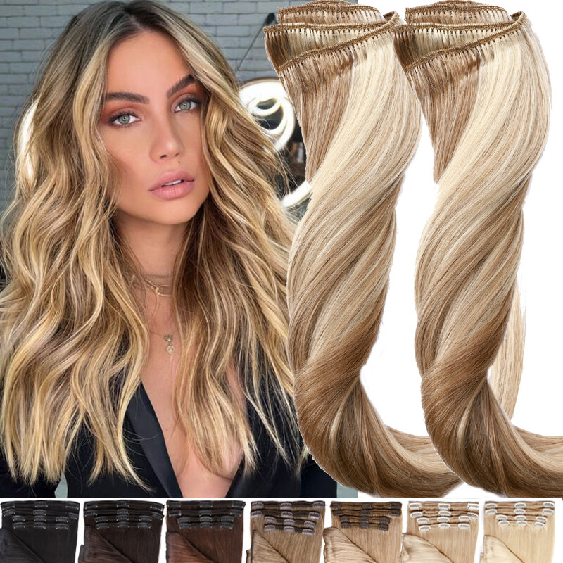 US Double Weft Clip In Real Remy Human Hair Extensions Full Head highlight Thick