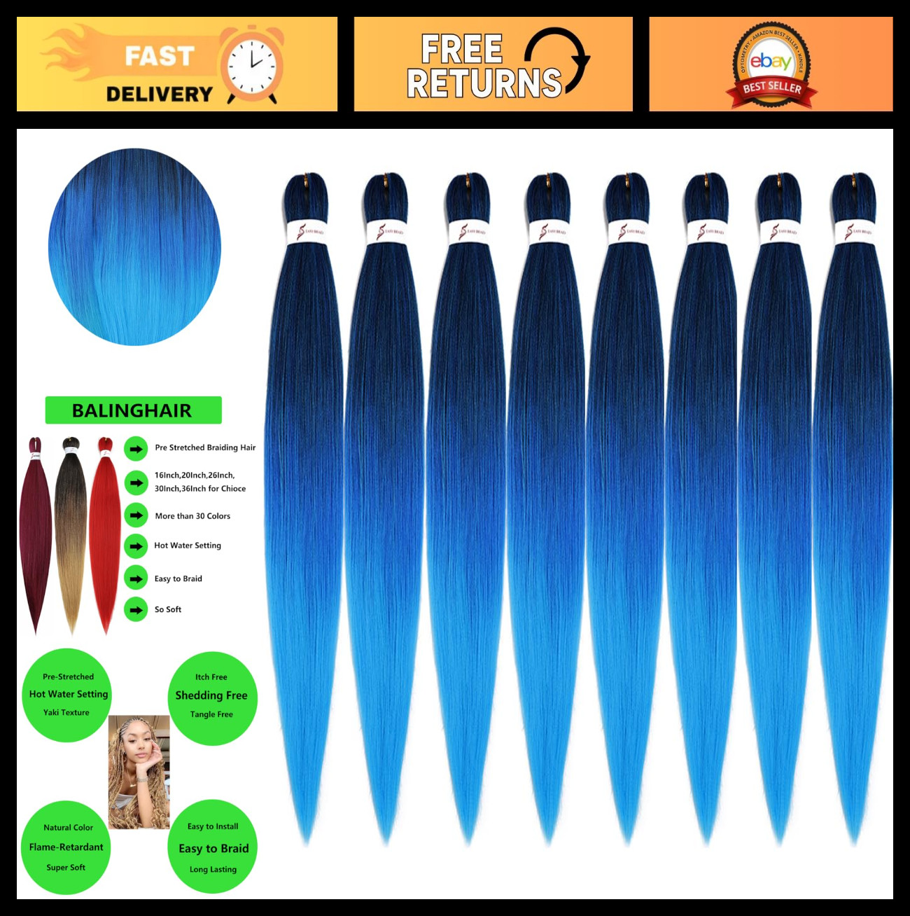 30″ Blue Ombre Pre-Stretched Braiding Hair Extensions – Flame Retardant 8Pcs