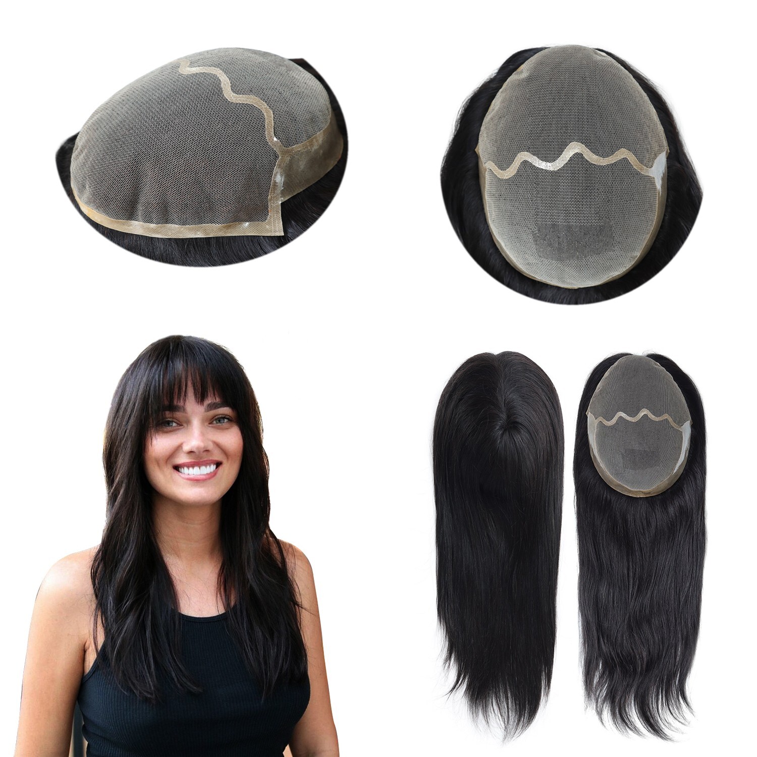Women Topper Human Hair Toppers Lace Poly Skin Black Hair Pieces 8×10 TP38