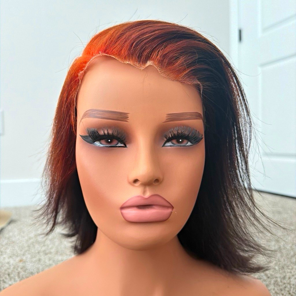 Lace Front Straight Bob human hair Wig Dark Brown/Copper Red Highlights Women